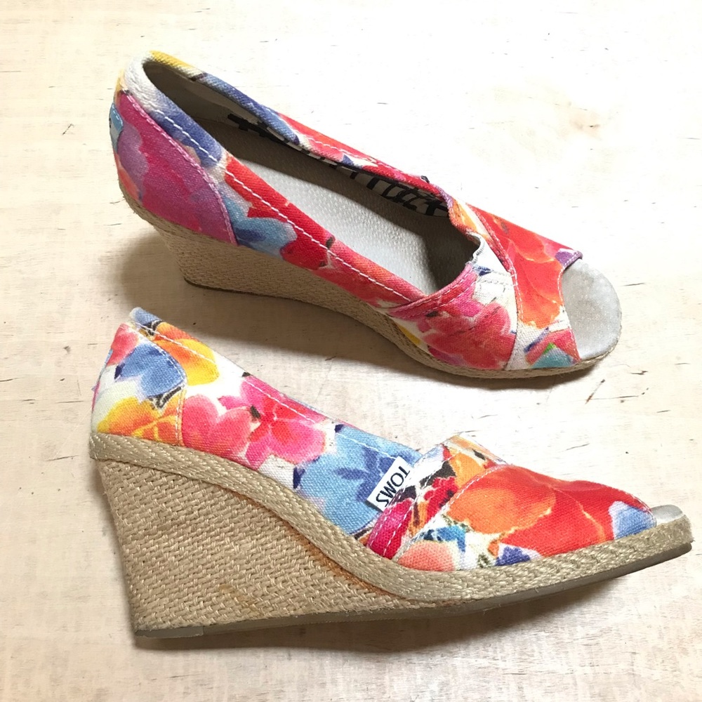 Toms Watercolor Floral Wedge Peep Toe Heels